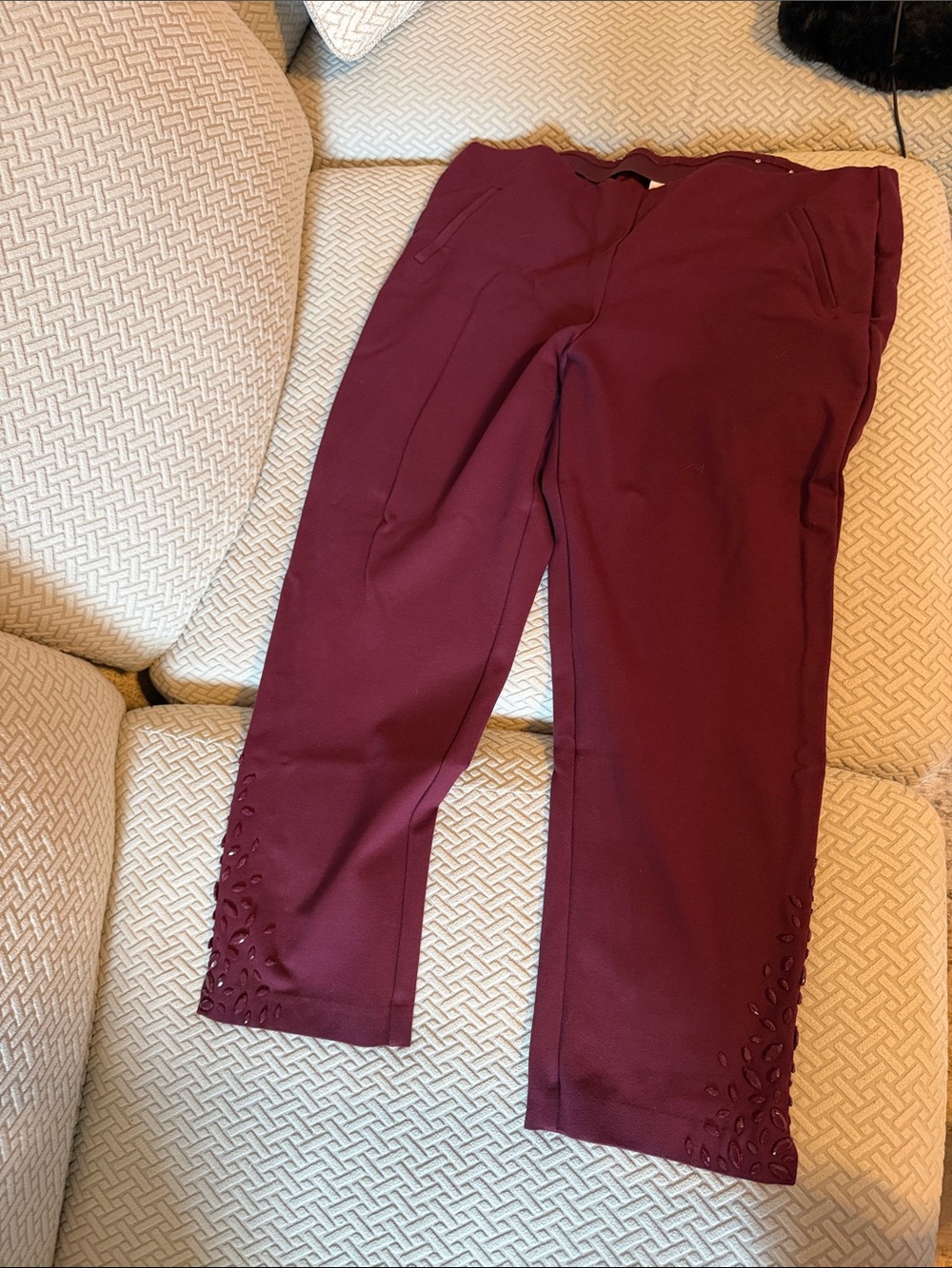 Chico's Deep Wine Cropped Pants with Laser-Cut Hem